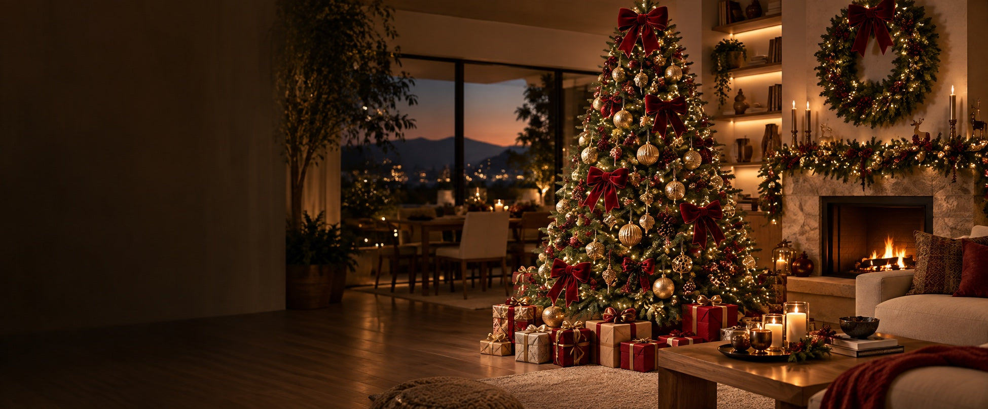 Sala elegante decorada para o Natal com árvore iluminada