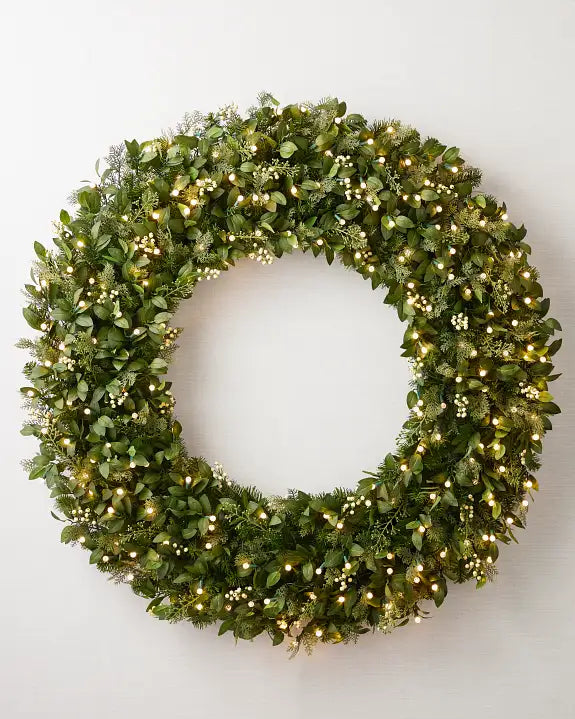 Guirlanda de Natal 90 cm com LED, Folhagens Verdes e Mini Frutas Claras