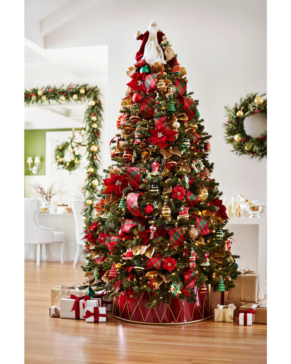 Saia Rígida para Árvore de Natal Tambor Vermelho com Detalhes Dourados