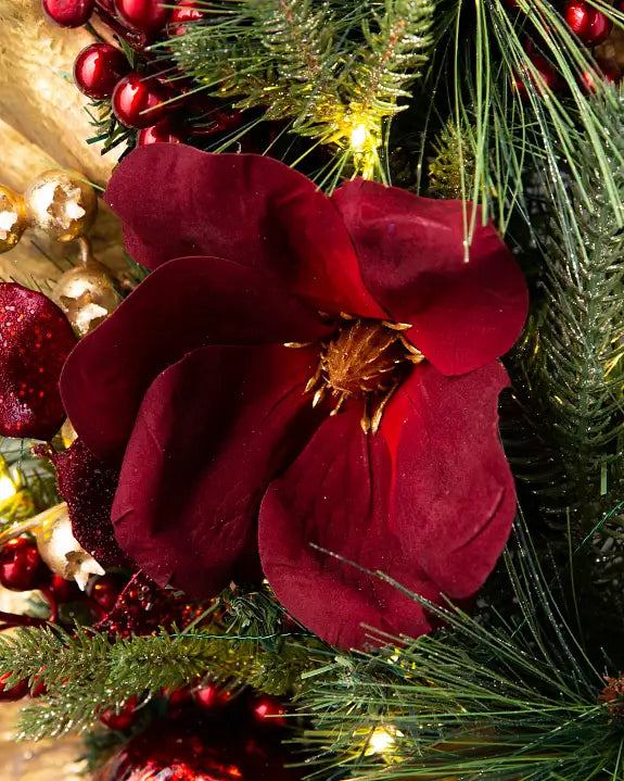 Guirlanda de Natal 90 cm com LED, Magnólias Vermelhas e Folhagens Douradas