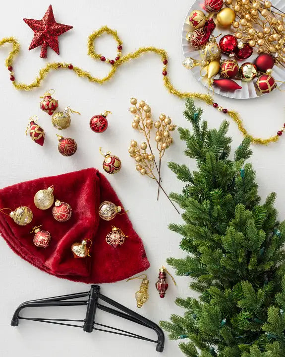 Mini Árvore de Natal 90 cm Encanto Imperial Vermelho & Dourado com Luzes LED