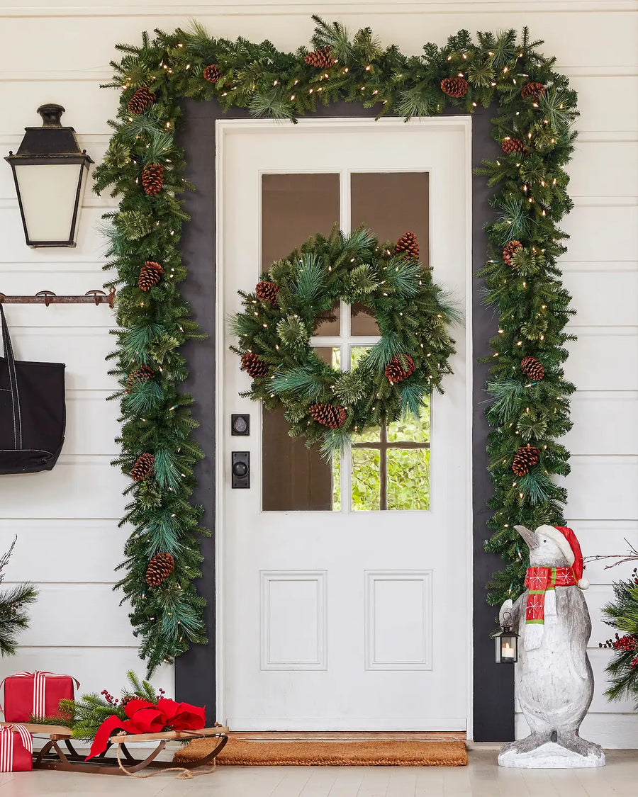 Guirlanda de Natal 90 cm com LED, Pinhas e Folhagens Verdes