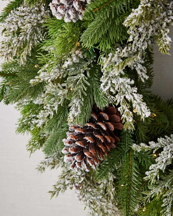 Guirlanda de Natal 90 cm com LED, Pinhas Nevadas e Folhagens Verdes
