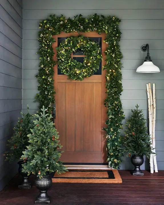 Guirlanda de Natal 90 cm com LED, Folhagens Verdes e Mini Frutas Claras