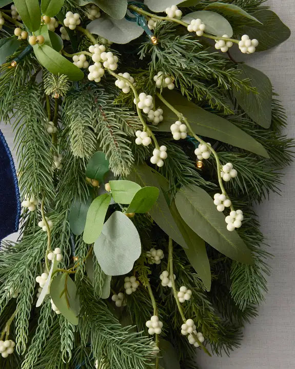 Guirlanda de Natal 90 cm com LED, Laço Azul e Folhagens Verdes