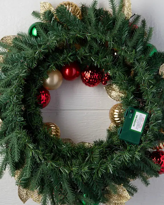 Guirlanda de Natal 90 cm com LED, Bolas Decorativas e Folhas Douradas