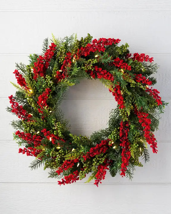 Guirlanda de Natal 90 cm com LED, Folhagens Verdes e Frutas Vermelhas