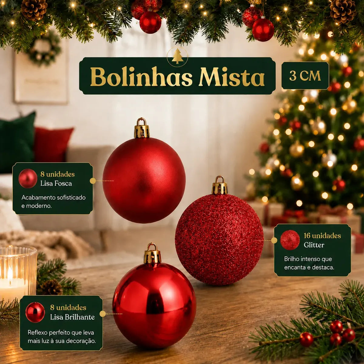 Kit 100 Bolas de Natal Vermelhas 3 cm, 4 cm e 6 cm + Ponteira Estrela + Maleta Organizadora