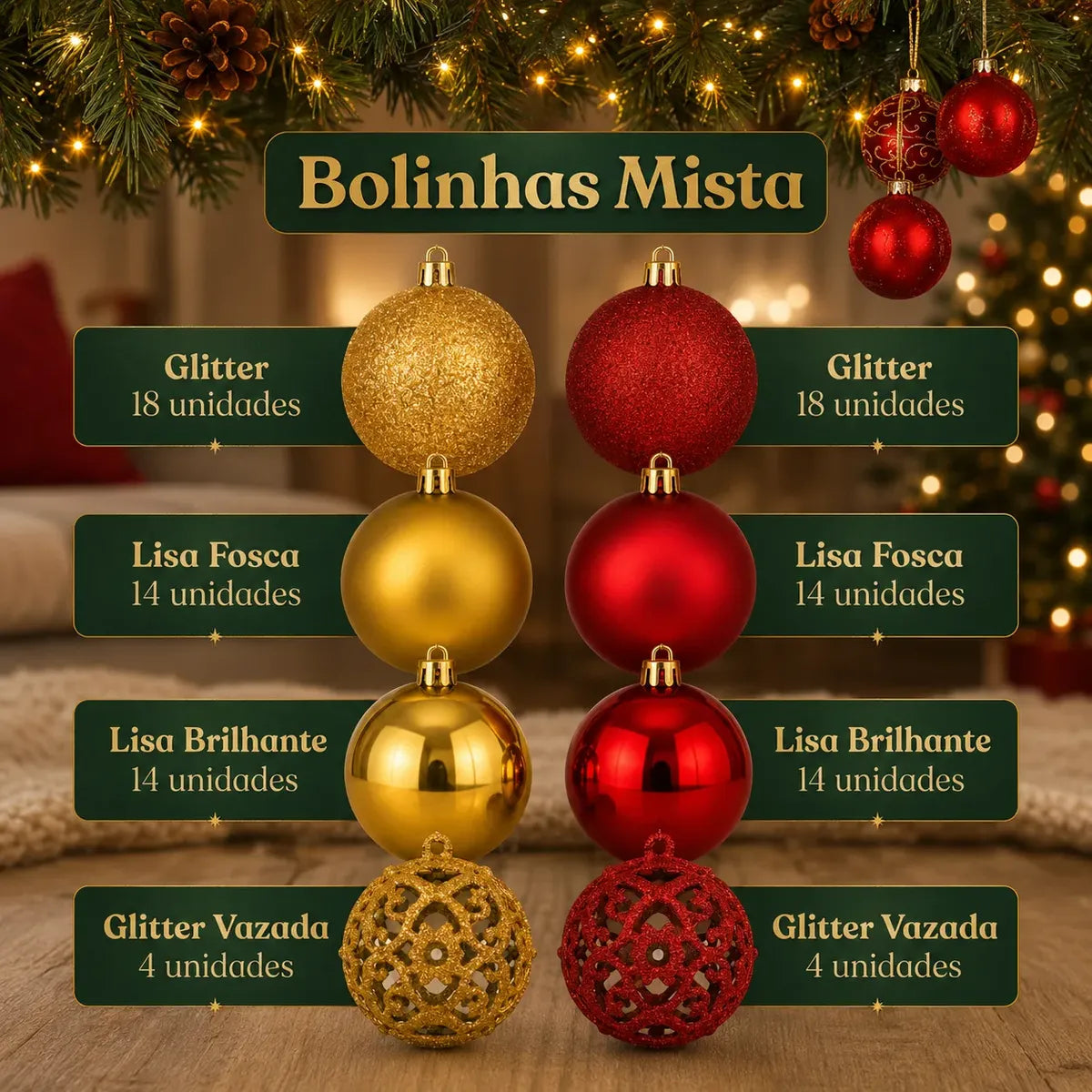 Kit 100 Bolas de Natal Vermelho e Dourado 3 cm, 4 cm e 6 cm + Ponteira Estrela Dourada