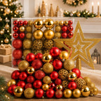 Kit 100 Bolas de Natal Vermelho e Dourado 3 cm, 4 cm e 6 cm + Ponteira Estrela Dourada