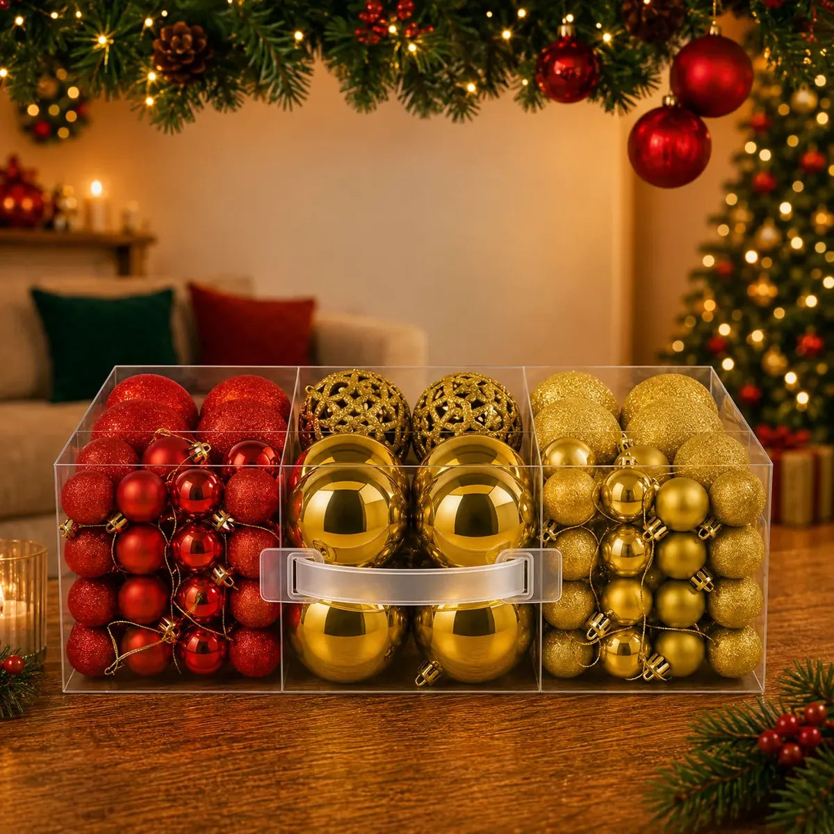 Kit 100 Bolas de Natal Vermelho e Dourado 3 cm, 4 cm e 6 cm + Ponteira Estrela Dourada