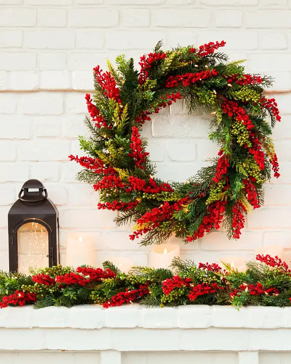 Guirlanda de Natal 90 cm com LED, Folhagens Verdes e Frutas Vermelhas
