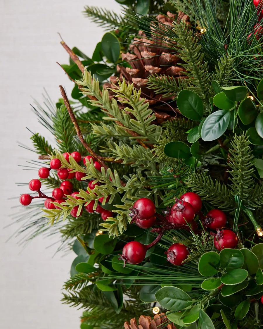 Guirlanda de Natal 90 cm com LED, Laço Bordô, Pinhas e Frutas Vermelhas