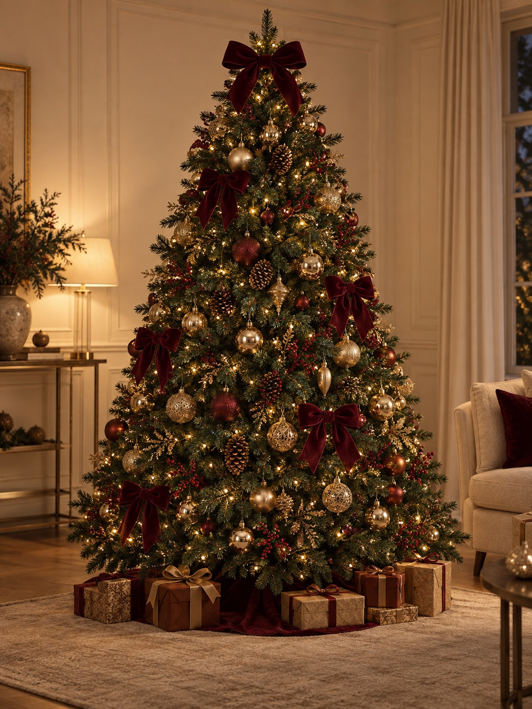 Árvore de Natal clássica decorada em verde, vinho e dourado
